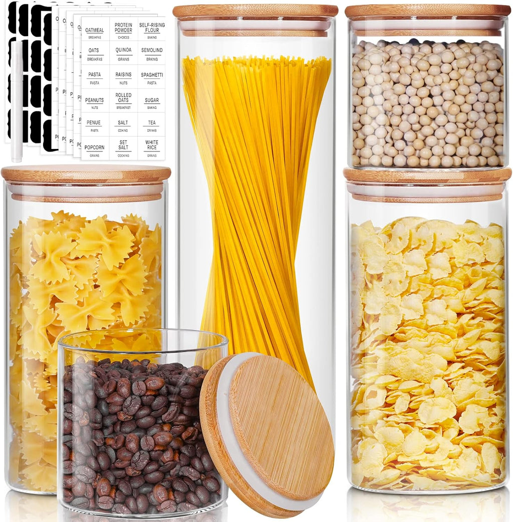 Glass Jars with Bamboo Lids [Muti Size Set of 5], Glass Canisters with Airtight Lids, Glass Food Storage Containers for Pasta, Oats, Coffee, Flour, Sugar, Rice, Best for Kitchen & Pantry