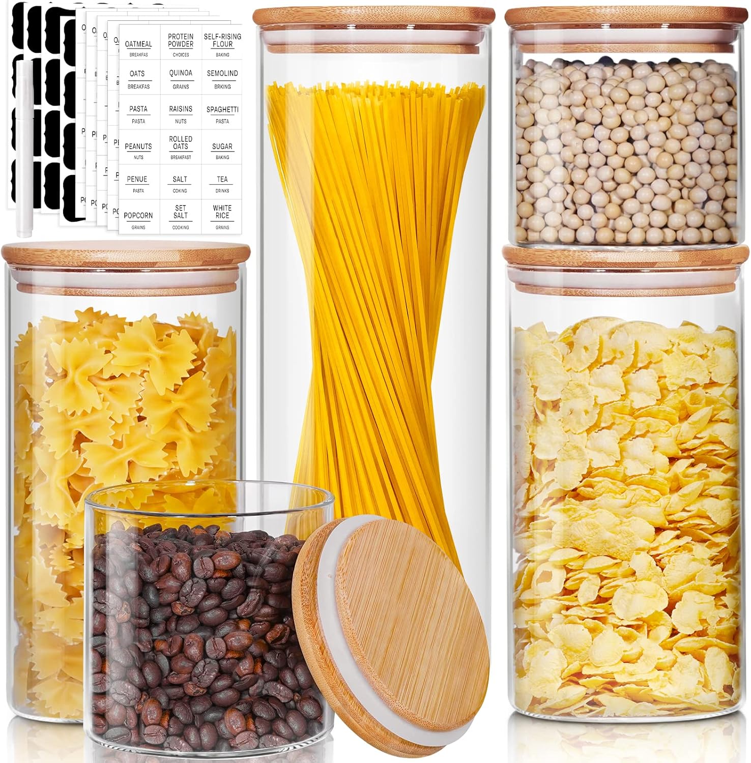 Glass Jars with Bamboo Lids [Muti Size Set of 5], Glass Canisters with Airtight Lids, Glass Food Storage Containers for Pasta, Oats, Coffee, Flour, Sugar, Rice, Best for Kitchen & Pantry
