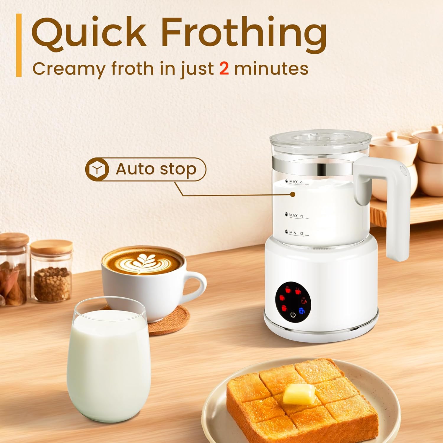 Milk Frother and Steamer, 6 in 1 Milk Steamer and Milk Warmer, 17oz Auto Shut Off Electric Frother with Touch Screen, Hot/Cold Foam Maker for Coffee, Latte, Cappuccino, Hot Chocolate