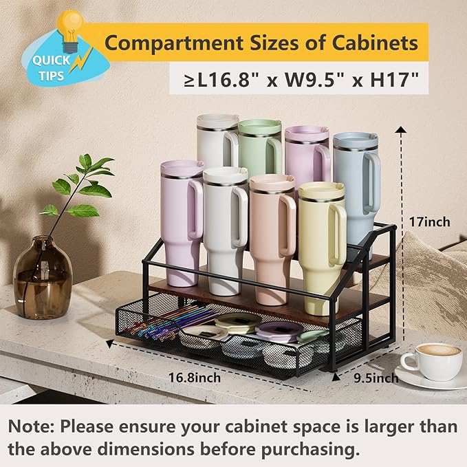 MOJOHAND Water Bottle Organizer for Stanley, 3-Tier 8 Bottles Rack with Storage Basket for Cup Accessories, Large Tumbler Holder Stand, Water Bottle Holder Wine Rack