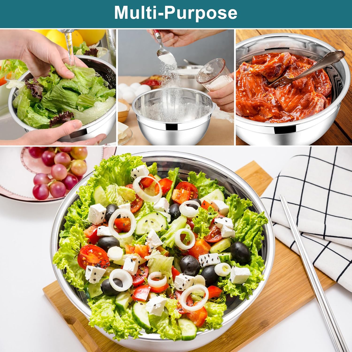 E-far Mixing Bowls with Lids, 6-Piece Stainless Steel Salad Bowls Metal Nesting Bowls for Baking Cooking and Prepping, Airtight Lids & Stackable Design, Size 4.5, 3, 1.5 QT (Blue)