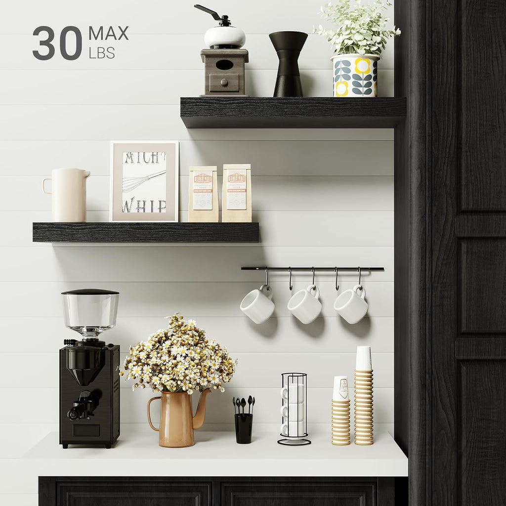 Vivelove Black Floating Shelves for Wall, 16 inchs x 6.7” deep x 1.4” Wall Shelf for Bathroom Bedroom, Living Room, Kitchen, Office Home Decor, Narrow Wood Shelves with Invisible Brackets Set of 2