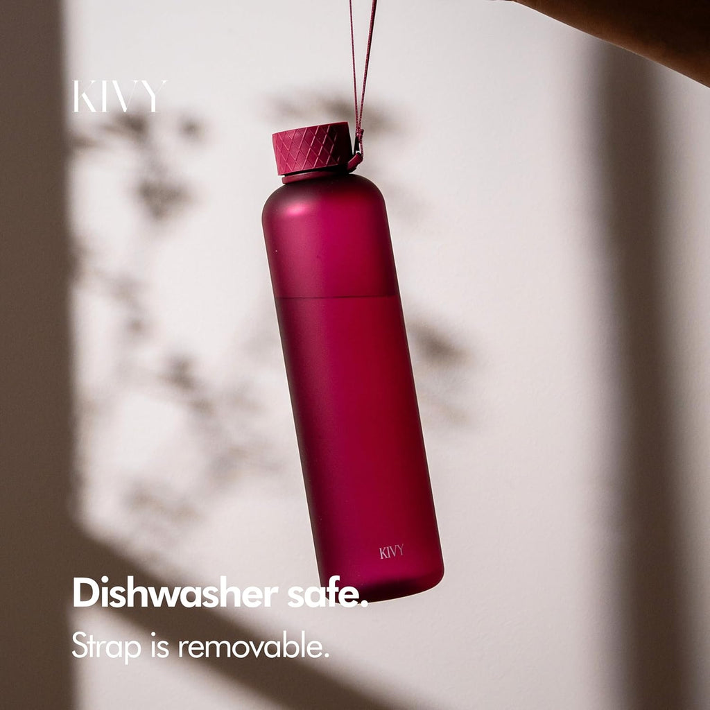 KIVY Slim Water Bottle 32oz [Lightweight & Shatterproof] Fits Backpack & Cupholder for Travel, Sports, School, Gym - Frosted red bottle no straw - Gym water bottle screw top - Dishwasher Safe