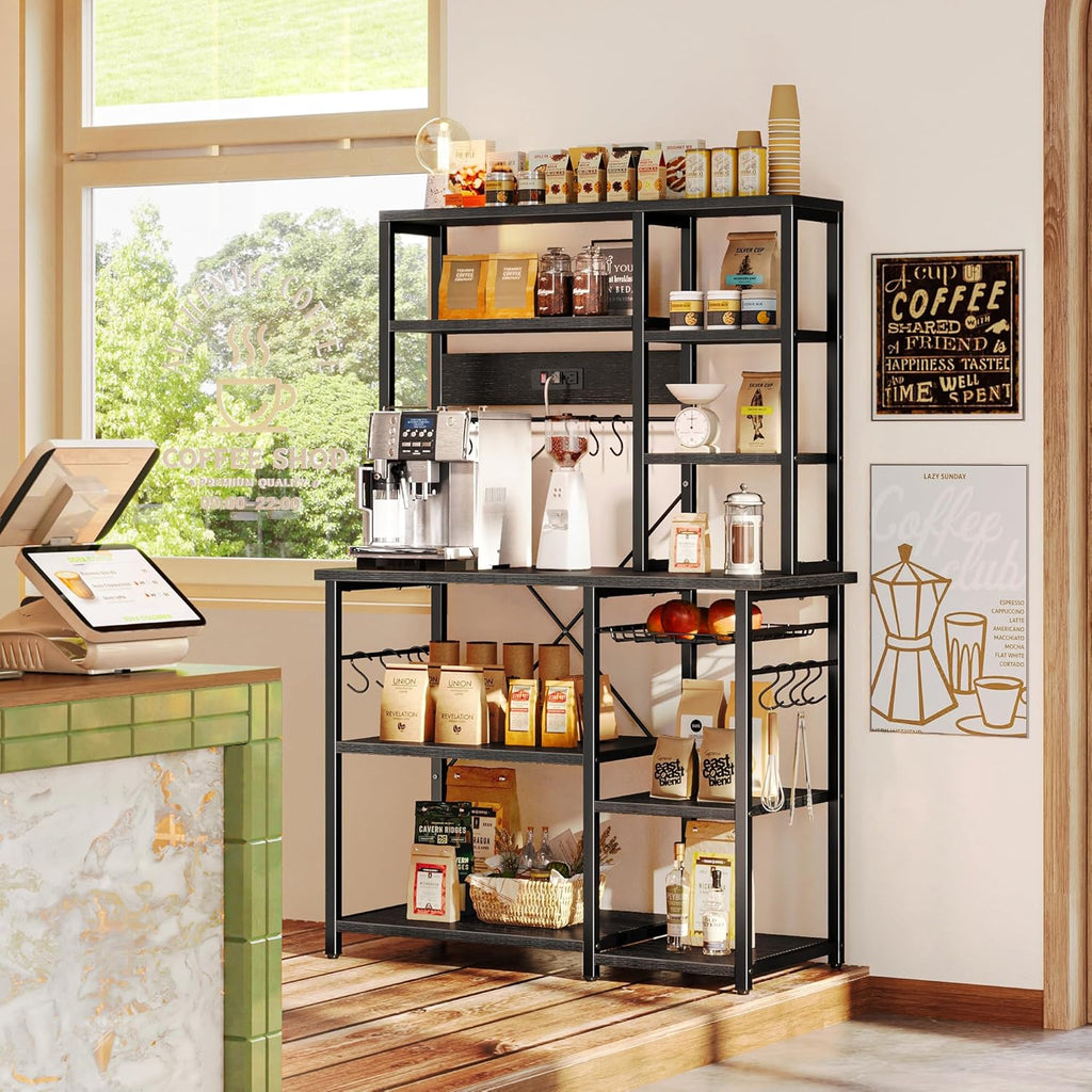 SUPERJARE Large Bakers Rack with Power Outlets, 6-Tier Microwave Stand, Coffee Bar with 12 S-Shaped Hooks, Kitchen Shelf with Wire Basket, 39.3 x 15.5 x 66.9 Inches, Black