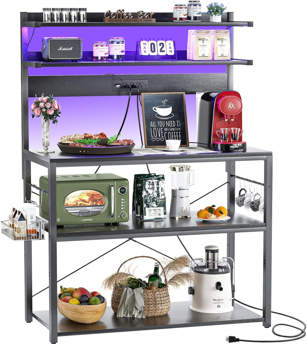 Aheaplus Bakers Rack with Power Outlet, Microwave Stand, 5 Tiers Coffee Bar Station with Led Lights, Kitchen Storage Shelf with 6 S-Shaped Hooks, Kitchen Rack Coffee Bar Stand, Black