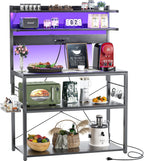 Aheaplus Bakers Rack with Power Outlet, Microwave Stand, 5 Tiers Coffee Bar Station with Led Lights, Kitchen Storage Shelf with 6 S-Shaped Hooks, Kitchen Rack Coffee Bar Stand, Black