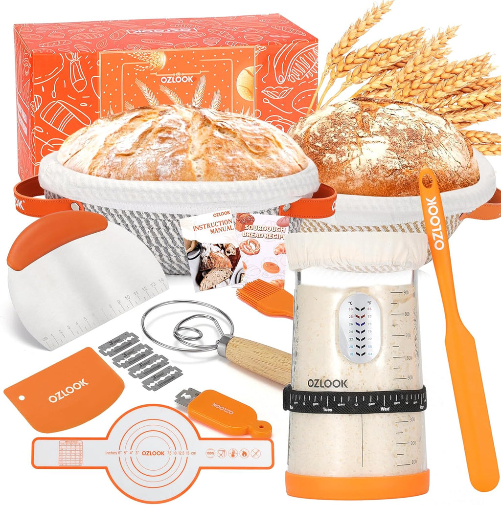 Sourdough Starter Kit,34oz Sourdough Starter Jar,2 X Cotton Rope Banneton Bread Proofing Basket with Bread Lame, Scraper,Sling, Dough Whisk,Perfect Gifts for Bakers Sourdough Bread Baking Supplies