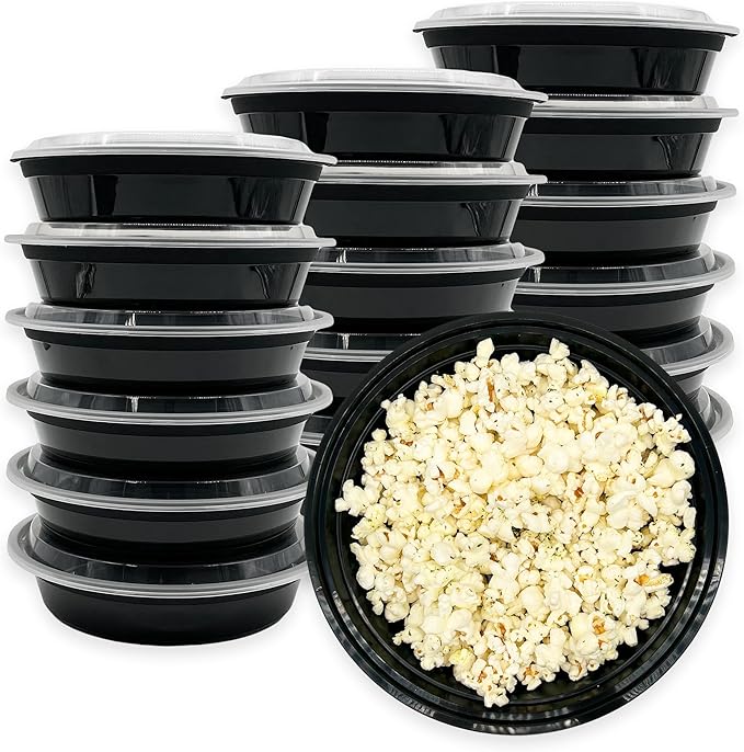 MULMEHË Plastic Food Storage Take-Out Container and Lid Combo, 48 oz, Microwaveable, Round, Black, 9x2.3”, Set of 150