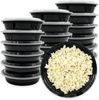 MULMEHË Plastic Food Storage Take-Out Container and Lid Combo, 48 oz, Microwaveable, Round, Black, 9x2.3”, Set of 150