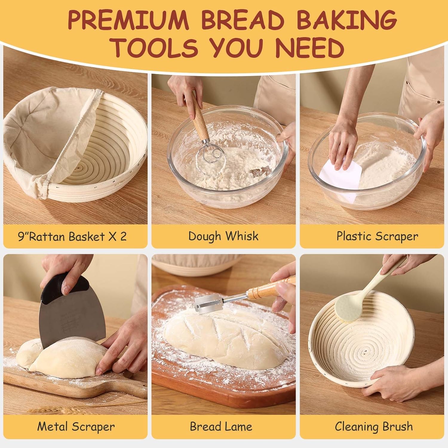 Sourdough Banneton Proofing Basket Set of 2, 9" Round Bread Proofing Basket with Starter Kit Sourdough Bread Baking Supplies for Sour Dough Proofing Fermentation