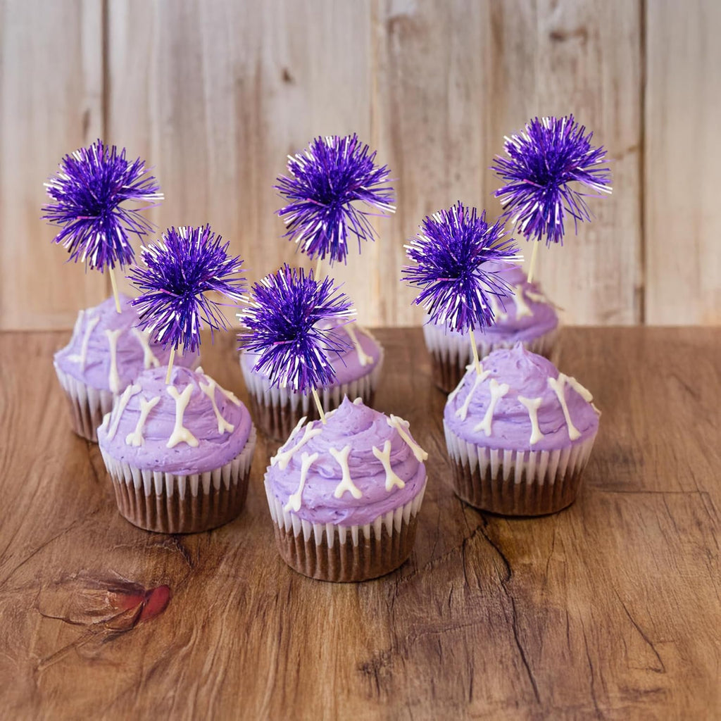 Ephlyn 30Pcs Foil Firework Cupcake Toppers Party Birthday Cake Toppers Supplies Sparkle Tinsel Cocktail Fruit Toothpick for Birthday Wedding Graduation Party Supplies Purple