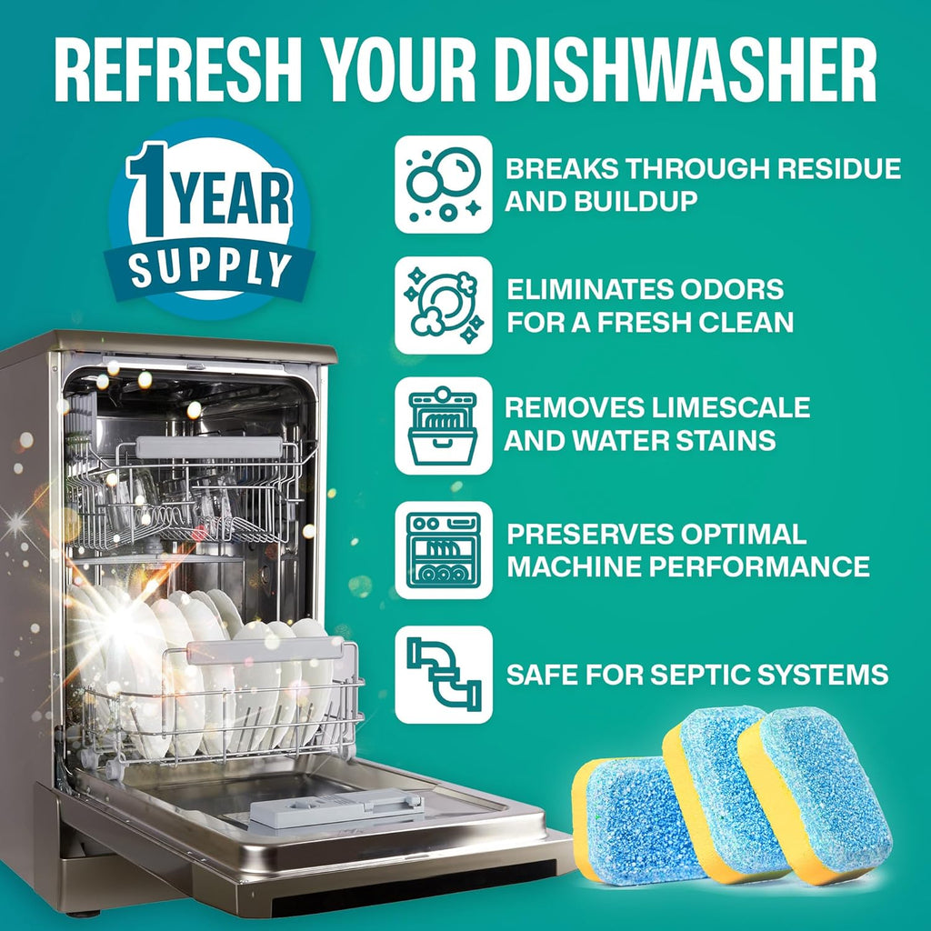Sudstainables Dishwasher Cleaner and Deodorizer Tablets, 24 Pack – Dishwasher Cleaning Tablets for Odor and Buildup Removal, Descaler - 1-Year Supply