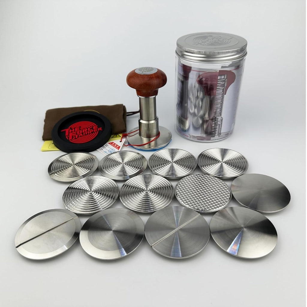 The Force Tamper Automatic Impact Adjustable Constant Pressure and Autoleveling Coffee Tamper Reddish Brown Jellyfish Wooden Handle Set Pro (Full-Set, 58.50mm)