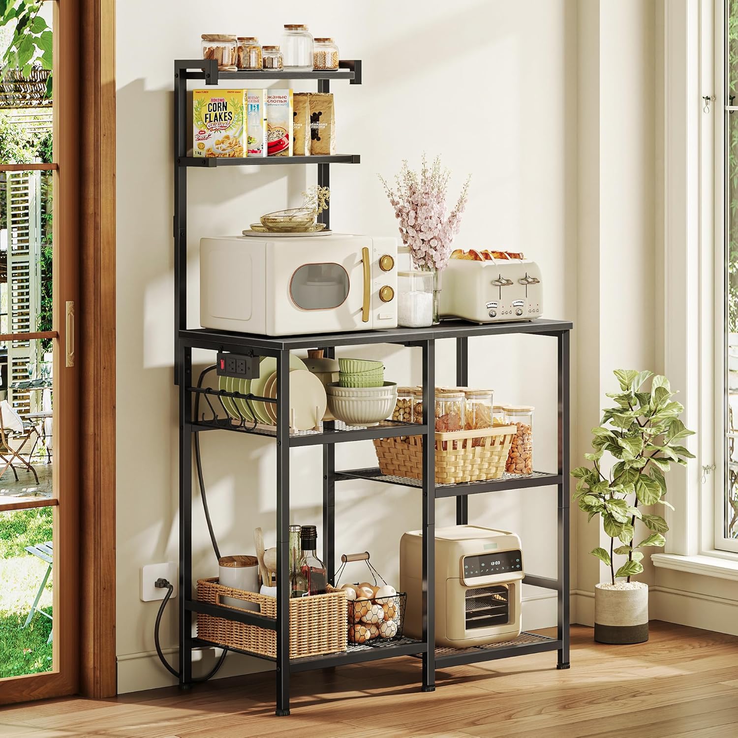 Huuger 31.5 Inch Bakers Rack with Power Outlets, Kitchen Microwave Stand with Storage, Coffee Bar with 4 Hooks, 3-Level Height Open Shelves, Black