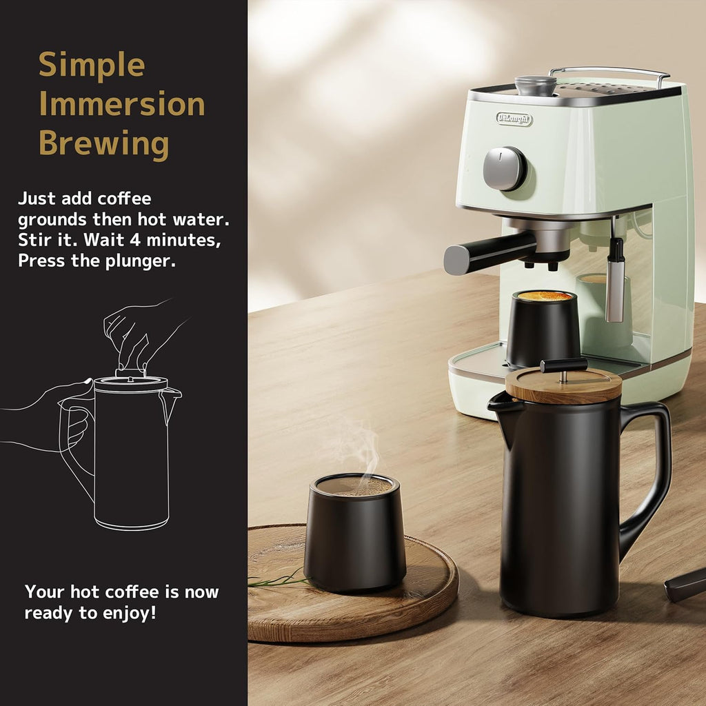 DHPO Ceramic French Press Coffee Maker, 22 Ounce Coffee Press Manual Brewer with Walnut Wood Lid, Premium Food Grade Stainless Steel Filter with Dual Screen for Coffee and Loose Tea, Gift Box, Black