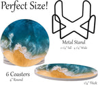 Ocean Coastal Theme Round Coasters Set of 6 - Abosrbent Ceramic Coasters with Metal Stand for Drinks, Beer, Coffee, Non-Slip Cork Back for Tabletop Protection, 4 Inches (Waves)