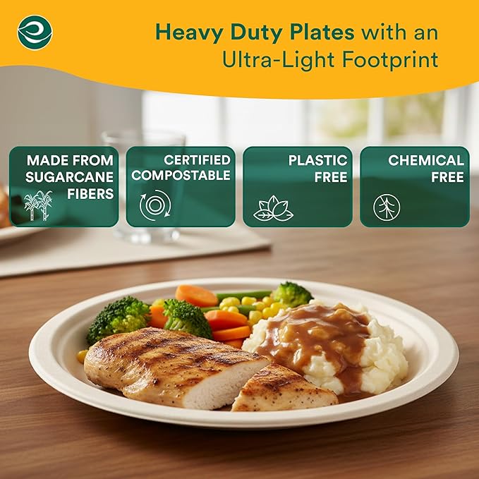 ECO SOUL 100% Compostable Paper Plates 10 Inch [100-Pack] Biodegradable Heavy Duty Eco-Friendly Disposable Plates for Christmas Dinner, Parties, Wedding & Event