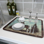 Retro Deer Forest Cabin Silhouette Dish Drying Mat Countertop 18x24 Fall Blue Sky Cloud Cartoon Elk Wild Animal Bushes Drainer Mat Pine Tree Grass Dishes Pad Rustic Moose Dish Drainer Rack