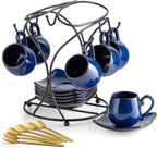 LYEOBOH 3oz Espresso Cups with Saucers, Small Coffee Cups Set of 6 with Spoons and Metal Stand, Ceramic Cute Demitasse Cups for Housewarming Wedding Gift, Cobalt Blue