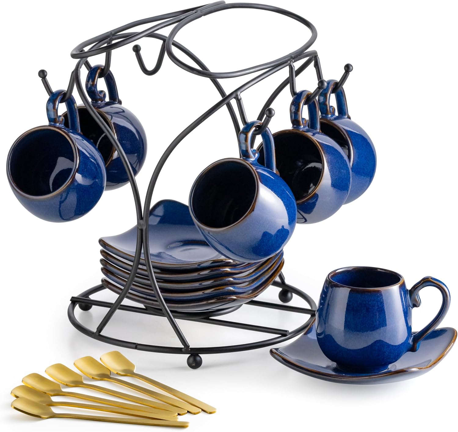 LYEOBOH 3oz Espresso Cups with Saucers, Small Coffee Cups Set of 6 with Spoons and Metal Stand, Ceramic Cute Demitasse Cups for Housewarming Wedding Gift, Cobalt Blue