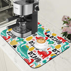 Dinosaur with Palms and Eggs Coffee Mat Absorbent Dish Drying Mat for Kitchen Counter Hide Stain Rubber Backed Coffee Bar Accessories Fit Under Coffee Maker Espresso Machine, 11.8 x 19.7 Inch