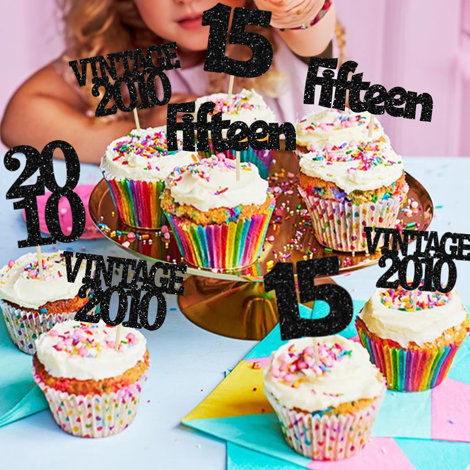 Gyufise 24Pcs 15th Birthday Cupcake Toppers Glitter Fifteen Vintage 2010 Sweet 15 Cupcake Picks Hello 15 Years Birthday Cake Decorations for Happy 15th Anniversary Party Supplies Black