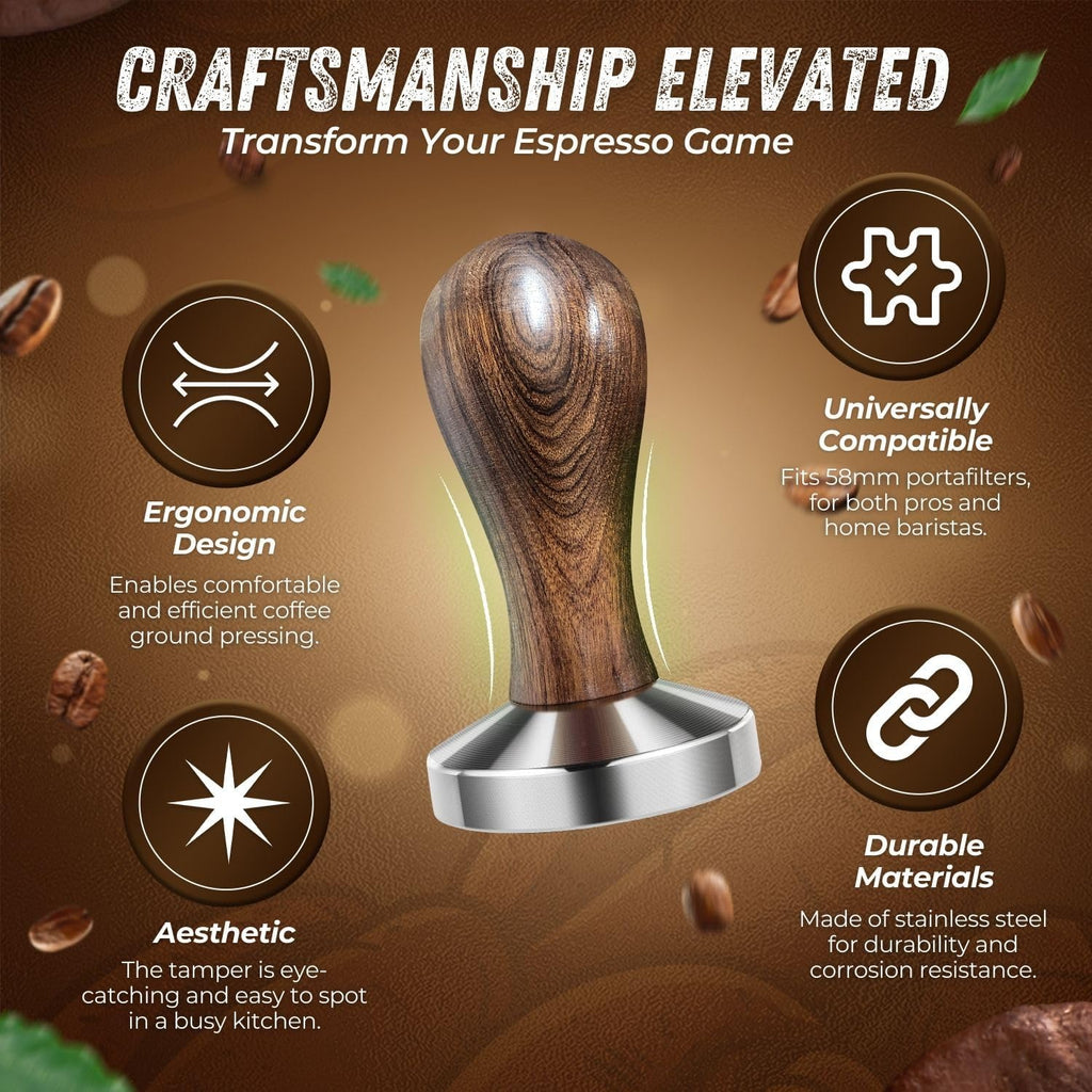 Flexzion Coffee Tamper 58mm Espresso Tamper Tool, Stainless Steel Barista-Quality Hand Press Espresso Maker with Ergonomic Wooden Handle