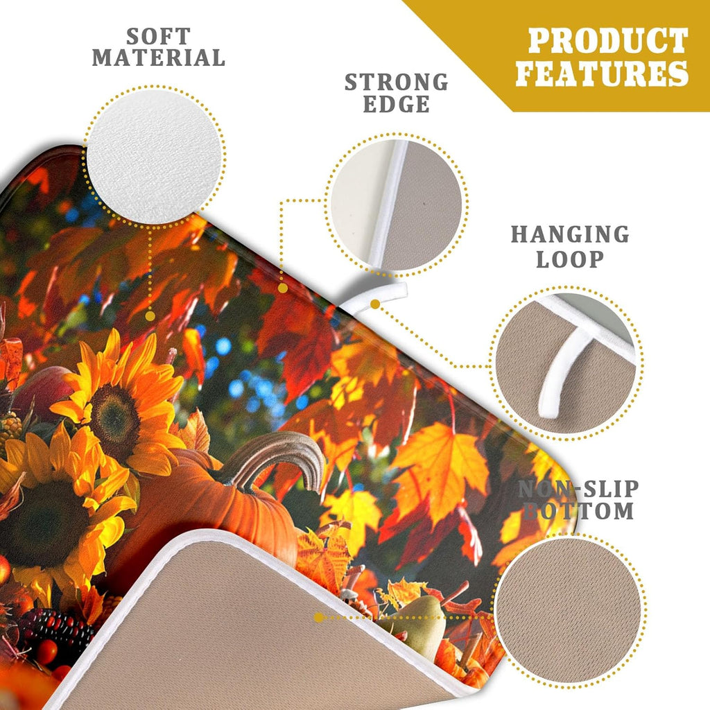 Fall Harvest Pumpkin Dish Drying Mat for Kitchen Counter,Thanksgiving Maple Leaves Sunflower Drying Mat 16 x 18 Inch with Absorbent Reversible Microfiber Dish Drying Pad for Coffee Bar