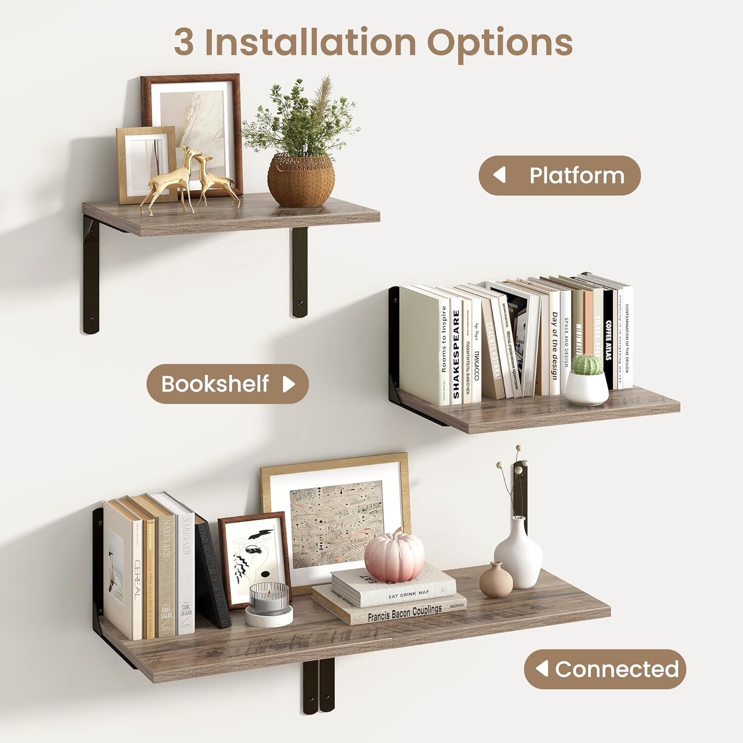 Fun Memories Floating Shelves for Wall, 12 Inch Deep Floating Shelves Set of 2, Wall Mounted Shelf with Metal Brackets, Rustic Wood Wide Shelf for Bathroom, Kitchen and Living Room, Grey, 16W x 12D
