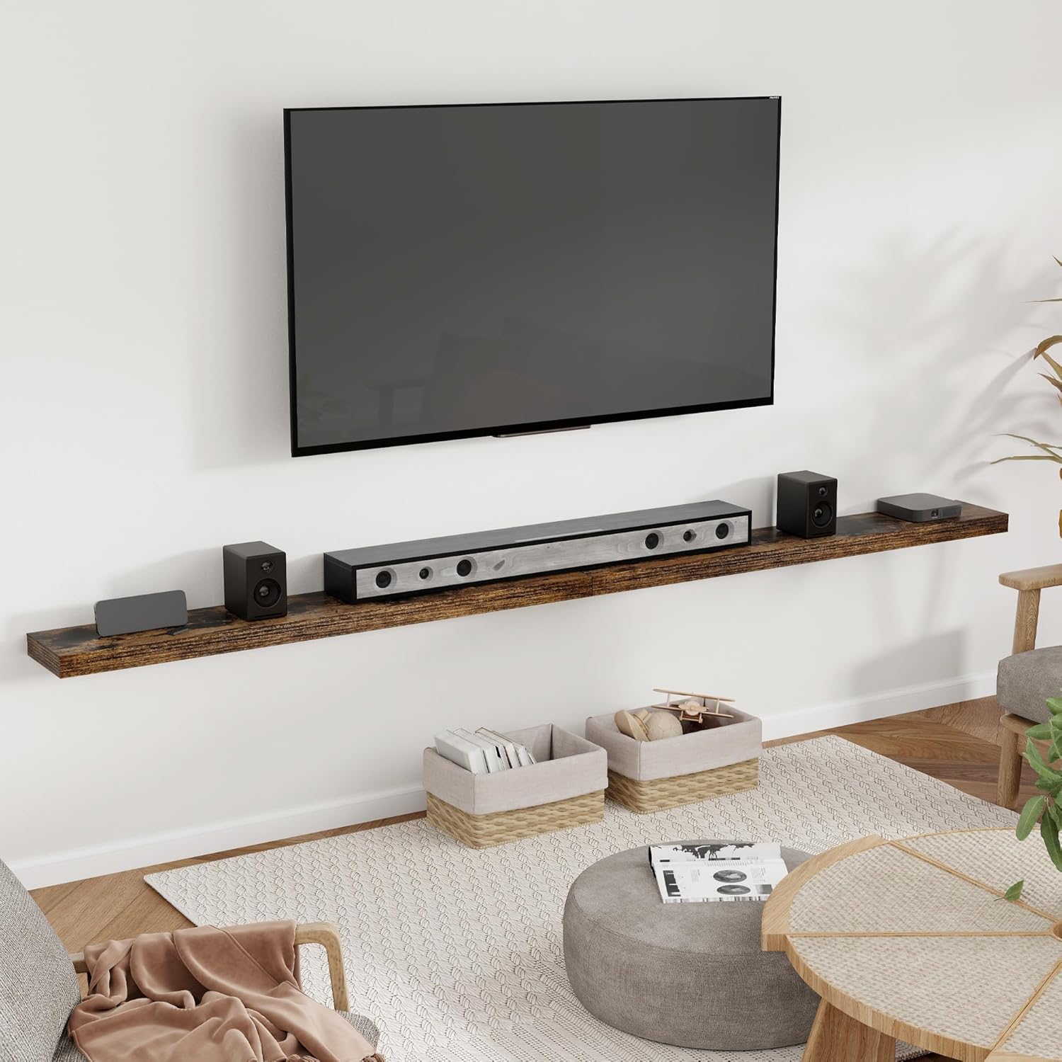 Heimlove 55 Inch Floating Shelves for Wall 8 Inch Deep Rustic Brown Shelves Set of 2,Wall Mounted Rustic Wood Long Floating Shelf，Large Extra Display & Storage Shelf with Invisible Brackets