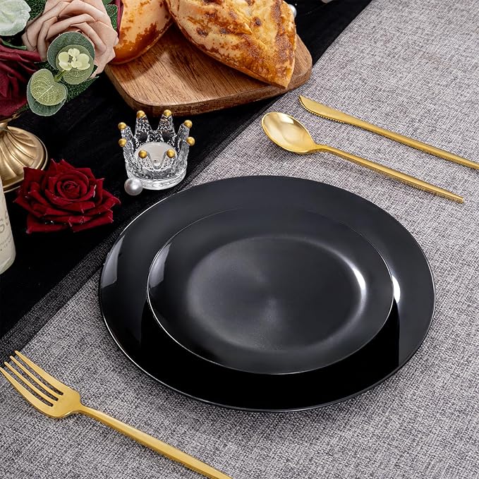 PULOTE 200PCS Black Plastic Plates - Heavy Duty Black Disposable Include 100 Each (10 inch Dinner & 7 inch Dessert) Plates, Disposable for Party, Birthday & New Year