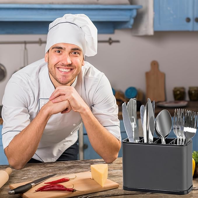 Utensil Holder,Stainless Steel Caddy Counter,Spoon holder,4 Compartments Silverware Caddy,Capacity Flatware Spoon Fork Tool Cutlery Holder(Grey)