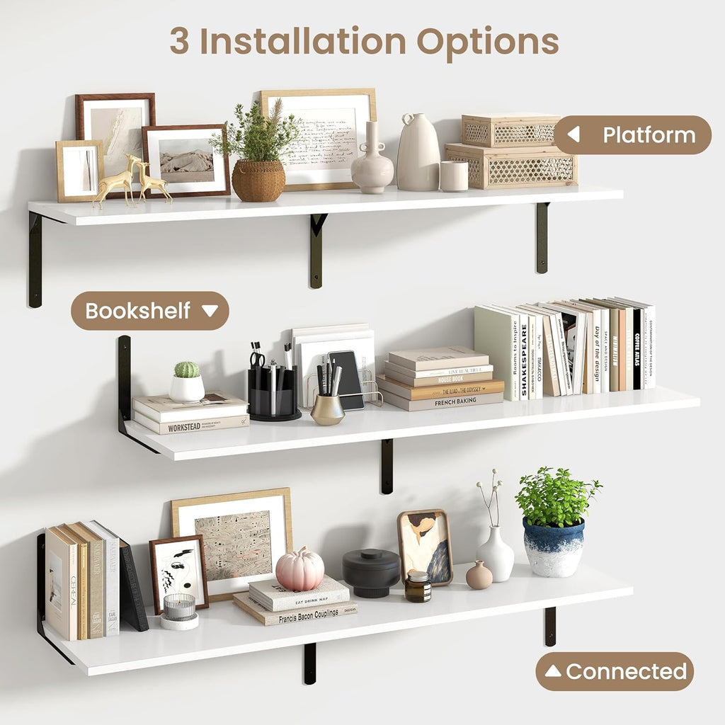 Fun Memories Floating Shelves for Wall, 12 Inch Deep Floating Shelves Set of 2, Wall Mounted Shelf with Metal Brackets, Rustic Wood Wide Shelf for Bathroom, Kitchen and Living Room, White, 55W x 12D