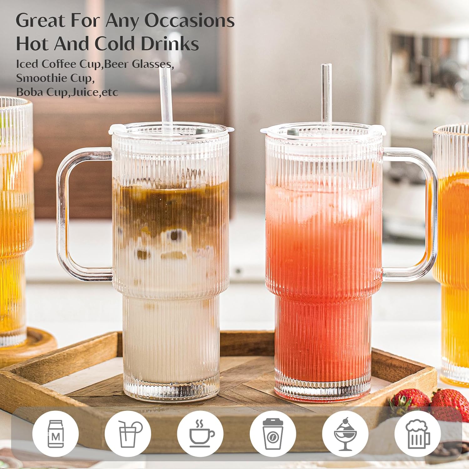 INSETLAN 26oz Ribbed Glass Tumbler with Handle & Lid – 4-Pack Large Iced Coffee Cups with Straws, Modern Glass Mug for Cold & Hot Beverages, Aesthetic Travel Cup for Smoothies, Tea, and Juice