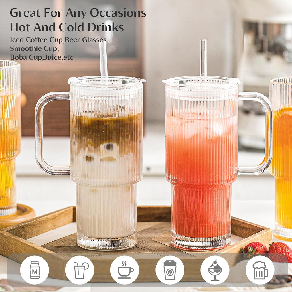 INSETLAN 26oz Ribbed Glass Tumbler with Handle & Lid – 2-Pack Large Iced Coffee Cups with Straws, Modern Glass Mug for Cold & Hot Beverages, Aesthetic Travel Cup for Smoothies, Tea, and Juice