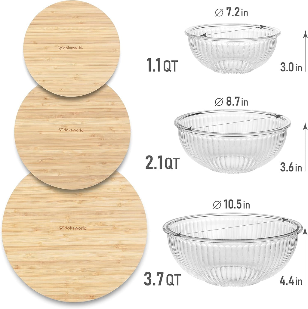 Stackable Space-Saving Nesting Set of 3 Glass Bowls with Bamboo Lids for Foodprep, Storage, Mixing & Cooking - Microwave & Oven Safe BPA Free Durable Heat Resistant Inert Borosilicate Glass