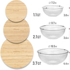 Stackable Space-Saving Nesting Set of 3 Glass Bowls with Bamboo Lids for Foodprep, Storage, Mixing & Cooking - Microwave & Oven Safe BPA Free Durable Heat Resistant Inert Borosilicate Glass