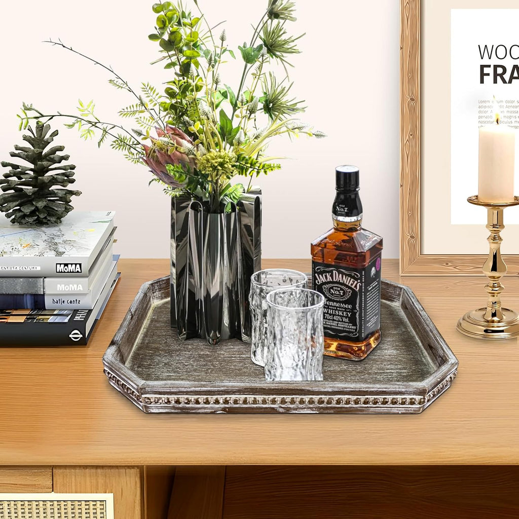 Wooden Decorative Tray, Rustic Serving Tray with Wood Bead, Farmhouse Big Tray for Ottoman, Countertop, Coffee Tabl, 16.5" x 13"x 1.6" (Retro Brown)