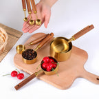 Stainless Steel Measuring Cups Set and Measuring Spoons Wooden Handle Metal Measure Cups and Spoons for Cooking and Baking, Gold, 8 Piece