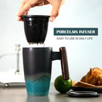 suyika Ceramic Tea Cup with Infuser and Lid Tea Mugs Wooden Handle 400ml/13.5oz Dark Green