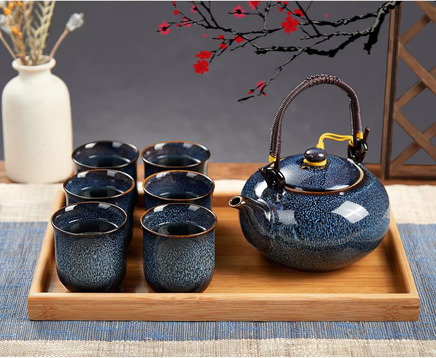 DUJUST Japanese Tea Set for 6, Kiln Altered Glaze Porcelain Tea Set with 1 Teapot, 6 Tea Cups & 1 Tea Tray, Unique Chinese Tea Sets for Adults/Tea Lovers/Women/Men, Blue