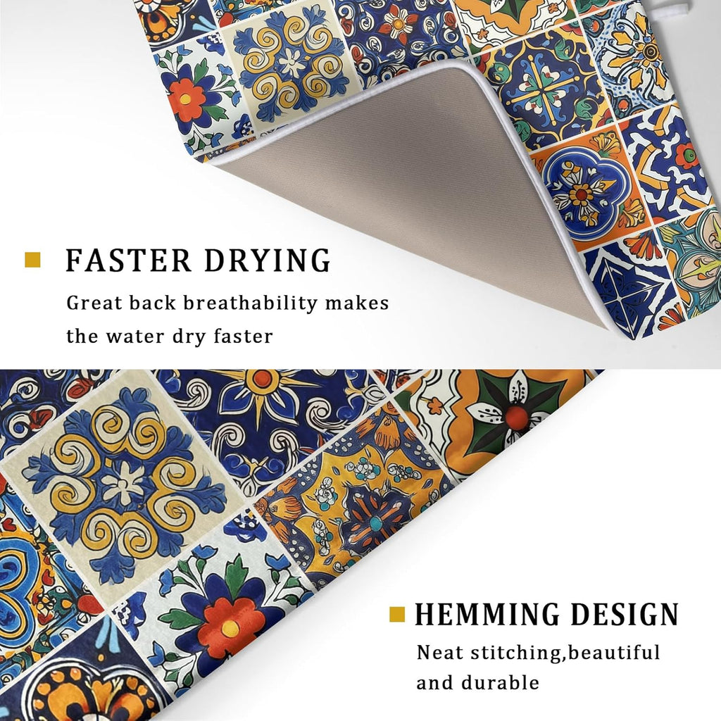 Talavera Mexican Tiles Dish Drying Mat for Kitchen Counter 18x24 Inch Mexican Flower Decorations Dish Draining Mat Mexican Tilt Fast Absorbent Tableware Dishes Pad for Coffee Bar Countertop