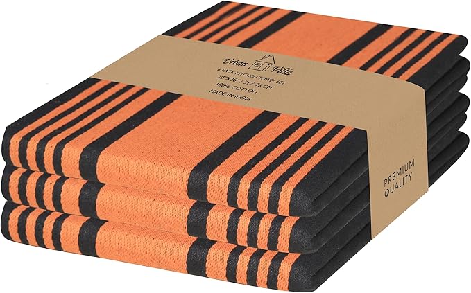 Urban Villa Kitchen Towels 100% Cotton Dish Towels(Set of 3) 20”x30” Dish Cloths Highly Absorbent Kitchen Linen Set with Hanging Loop Perfect for Drying Dishes Cleaning Towels-Orange Balck