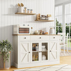 4 EVER WINNER 55" Buffet Cabinet with Storage, Farmhouse Coffee Bar Cabinet with Glass Doors and Drawers, Sideboard Cabinets with Adjustable Shelves for Living Room, Kitchen, White