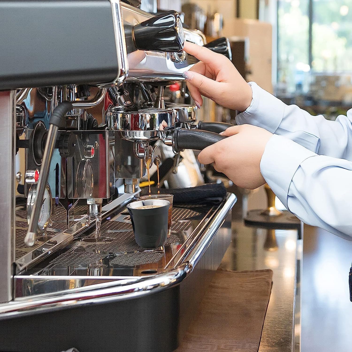 Easyworkz Stainless Steel Espresso Cup 2pcs Set Double Wall Insulated Metal Demitasse Cups (Black, 5 oz)