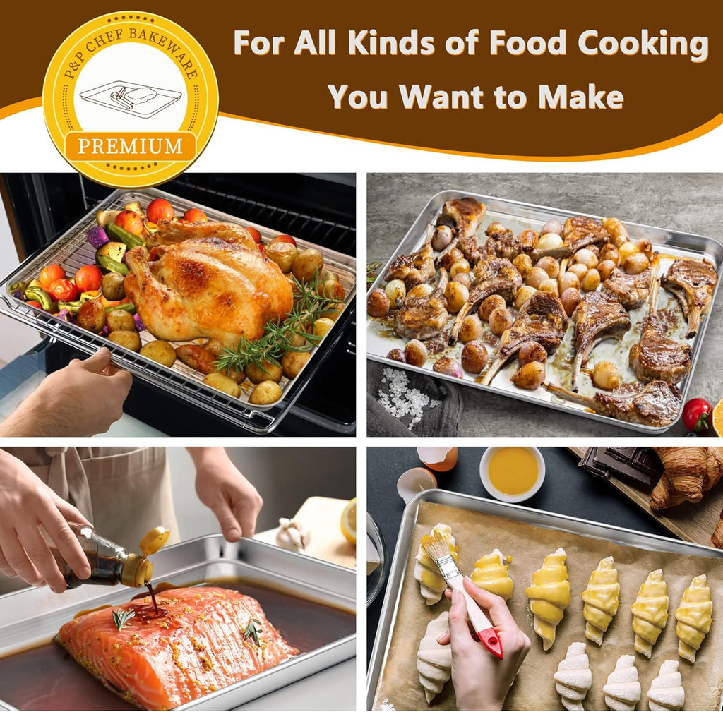 P&P CHEF 16 Inch Stainless Steel Baking Sheet with Rack Set (2 Pans+ 2 Racks), Cookie Sheets Baking Trays and Cooling Wire Racks, Oven & Dishwasher Safe, Pans with Flat Racks