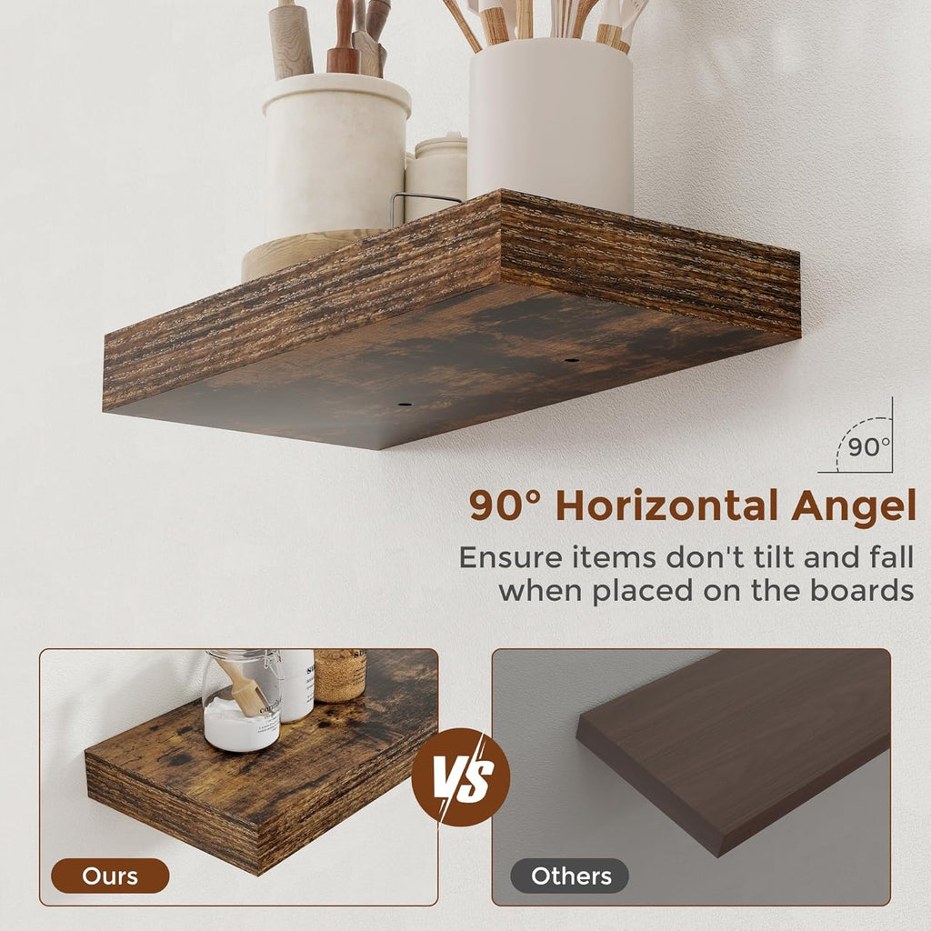 Heimlove 16 Inch Floating Shelves for Wall Rustic Brown Shelves Set of 2,Wall Mounted Rustic Wood 8 Inch Deep Floating Shelf with Invisible Brackets for Bedroom Kitchen Living Room