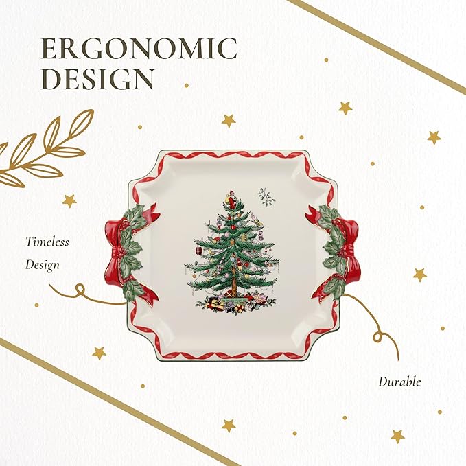 Spode Christmas Tree Ribbons Square Platter with Bow Handles - 11-Inch Holiday Serving Plate for Desserts, Appetizers, & Treats - Festive Christmas Dinnerware with Gold Accents - Dishwasher Safe