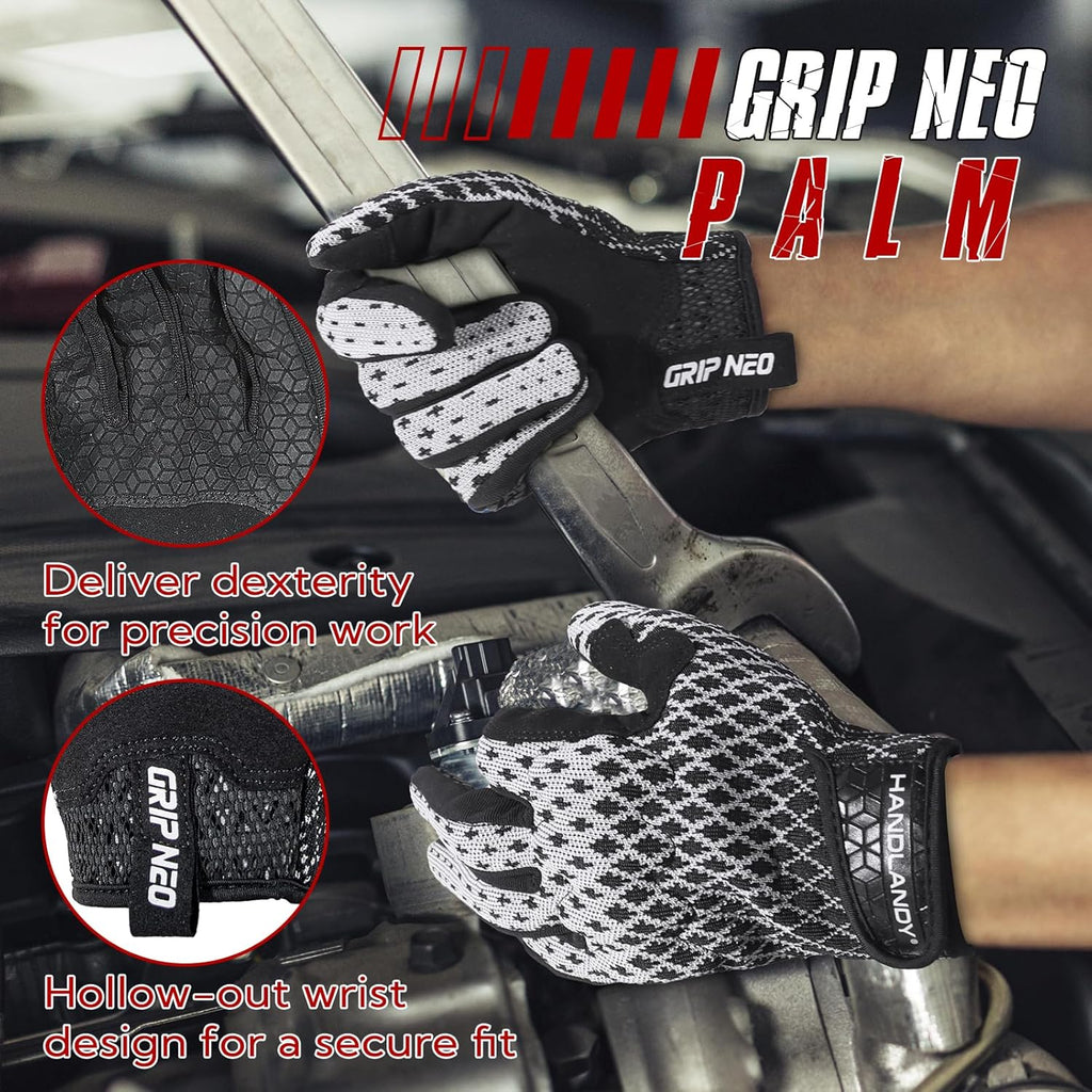 HANDLANDY Mens Work Gloves Touch screen, Utility Mechanic Gloves, Flexible Breathable Fit- Padded Knuckles & Palm