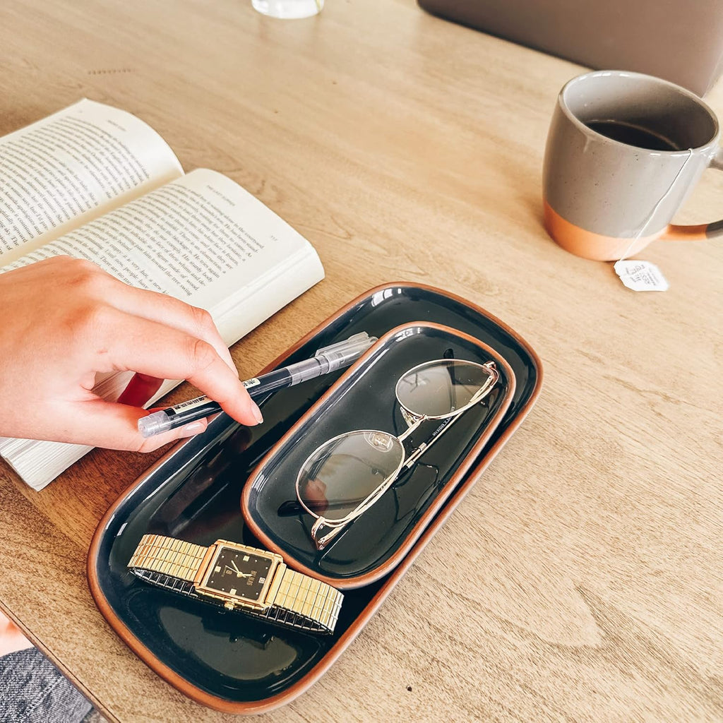 Mora Ceramic Decorative Tray - Rectangle 10in Dish for Jewelry, Soap Dispenser, Perfume, Makeup, Accessories, Candle, in The Bathroom Vanity, Bedside, or Kitchen Counter. Cute Organizers - Black